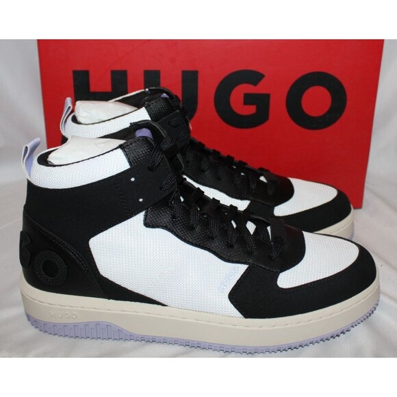 HUGO BOSS MEN'S KILIAN HITO PUME LEATHER HI TOP SNEAKERS WHITE BLACK NIB SZ 10 - Picture 1 of 6
